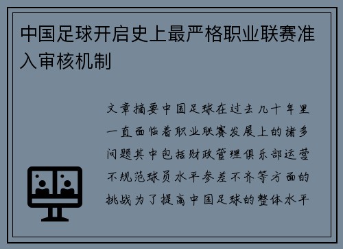 中国足球开启史上最严格职业联赛准入审核机制